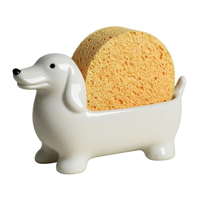 WAIT FLY Ceramic Dachshund Shaped Sponge Holder for Kitchen Sink Counter, Sponge Rack, Sink Caddy Organizer