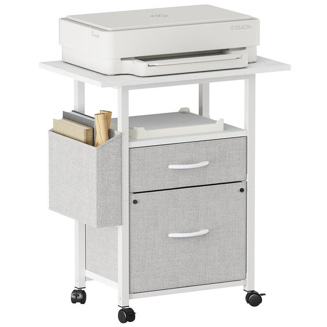 GYIIYUO 2 Drawer File Cabinet with 24'' Extended Tabletop, Mobile Filing Cabinet, Rolling Vertical File Cabinet with Side Bag, Fabric Drawer, Fits A4 Size, Home Office, White
