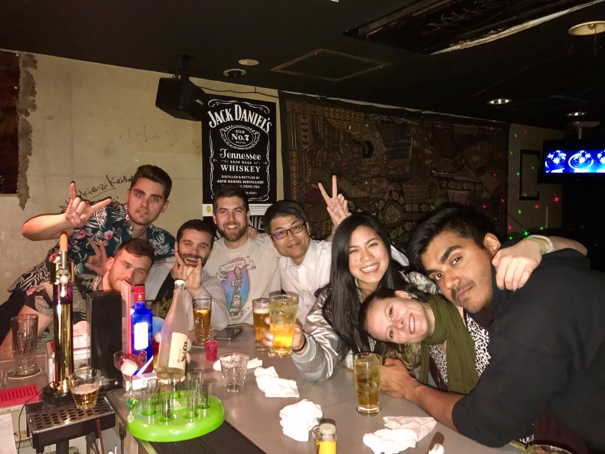 Having a blast making new friends at Nikki’s Bar in Kyoto, Japan
