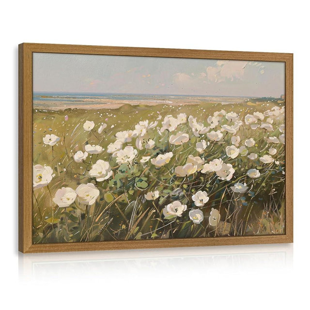 CAZLOUC Vintage Coastal Wall Art, White Wildflower Wall Decor, Rustic Farmhouse Landscape Canvas Painting, Nature Seaside Floral Poster Print for Bedroom Living Room Office Wood Framed 12x16 Inch