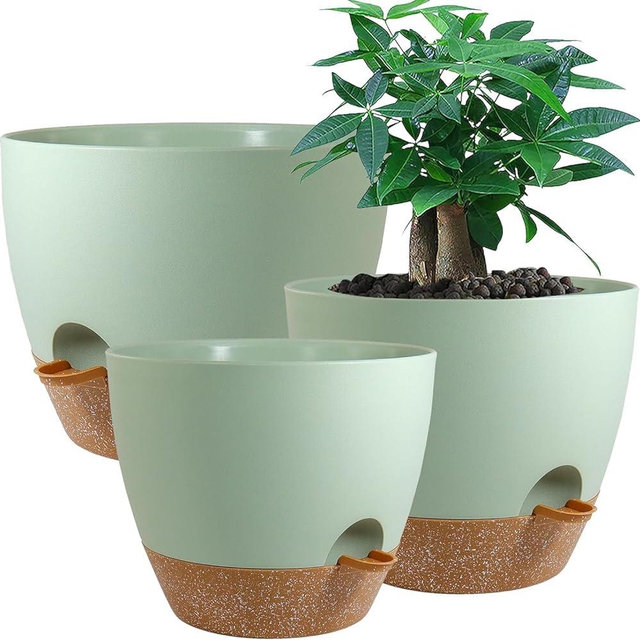 UOUZ Large Self Watering Pots, 12/10/9 Plastic Planters with High Drainage Holes and Deep Reservoir for Indoor Outdoor Garden Plants and Flowers, Green with Brown