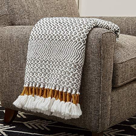 Hand-Woven Stripe Fringe Throw Blanket, Charcoal Grey and Mustard Yellow