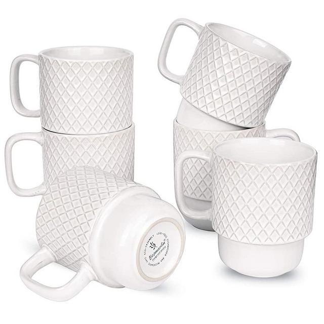 Bosmarlin Large Ceramic Stackable Coffee Mugs Set of 6, 17 Oz, Dishwasher and Microwave Safe (White, 17 Oz)