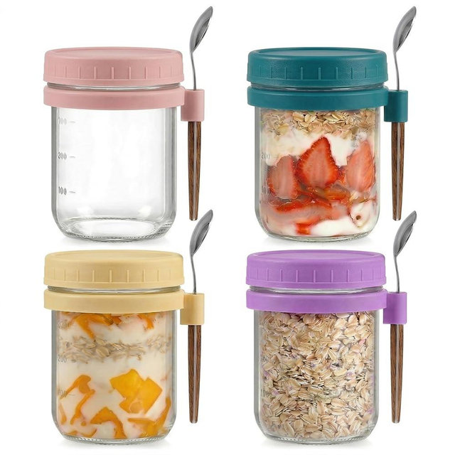 SRANQUILL 4 Pack Overnight Oats Containers with Lids and Spoons, 16 oz Glass Mason Jars for Meal Prep, Airtight Leak-Proof Yogurt Cups for Cereal, Salad & Chia Pudding