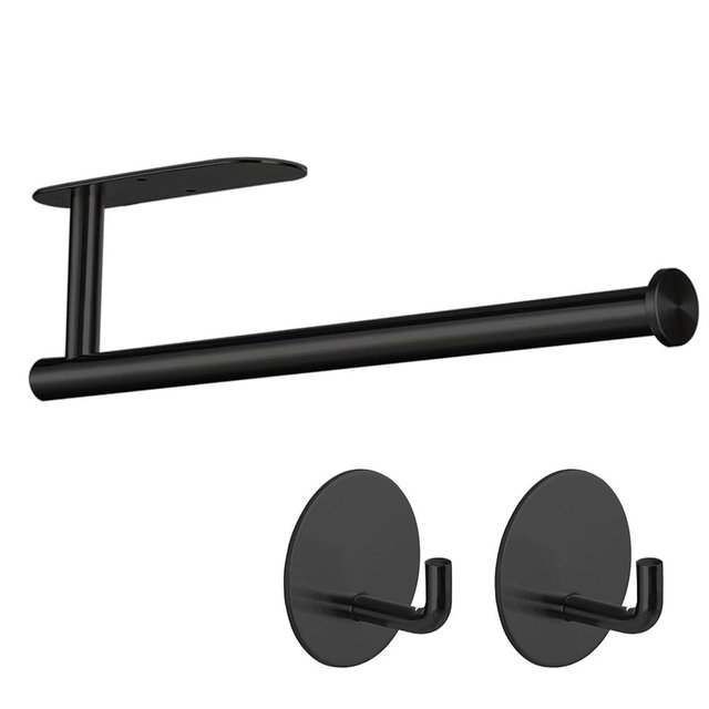 Kinbrace Paper Towel Holder with 2 Hooks-Under Cabinet Paper Towel Holder for Kitchen, Self-Adhesive or Screws, Space Saving Wall Mounted Kitchen Roll Holder, Bathroom, Stainless Steel Matte Black