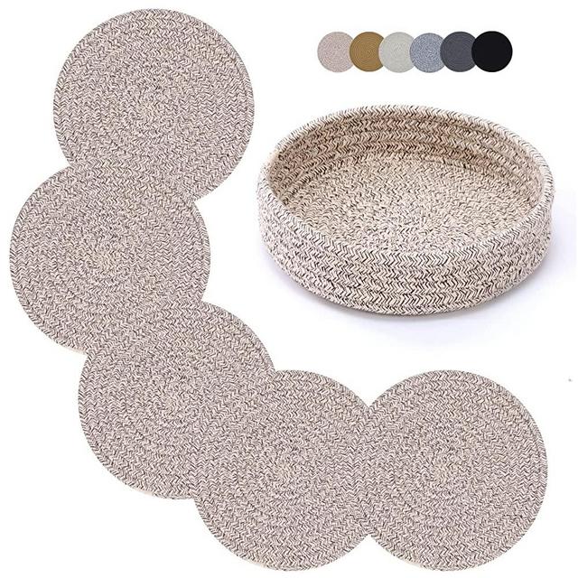 Pot Holders Trivets Set 5 Pcs and Kitchen Storage Basket 1 Pack, Cotton Trivet Mat 7 Inchs for Hot Pots and Pans, Potholders for Hot Dishes, Table Countertop Protector Hot Pads Heat Resistant (Brown)