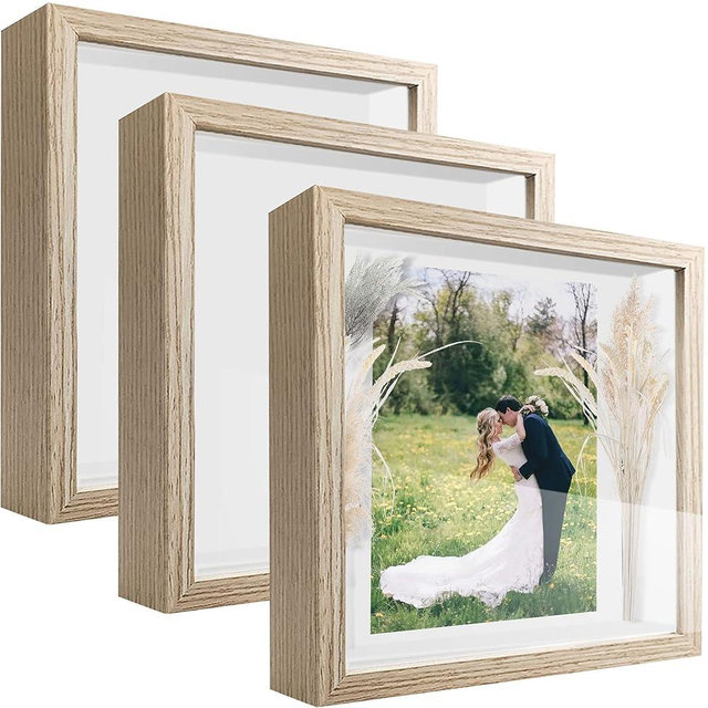 TOUYINGER 8x8 Shadow Box Frame Display Case with Letter Stickers, 3D Picture Frame, Display Case Box for Memorabilia, Baby Items, Wedding Memories, Crafts, Tickets and Photos (3Pcs-Natural Gray, 8x8)