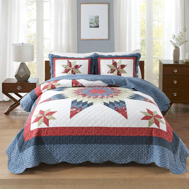 camandy Cotton Quilt Bedding Sets 3 Pieces Soft Reversible Coverlets Luxury Star Handmade Real Patchwork Red Blue Bedspread, Queen Size