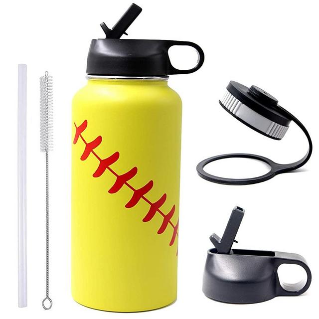 32 oz Softball Water Bottle, Flask Sports with 2 Lids 18/8 Stainless Steel Tumbler Double Wall Vacuum Insulated Hot/Cold (32oz, Yellow Softball)
