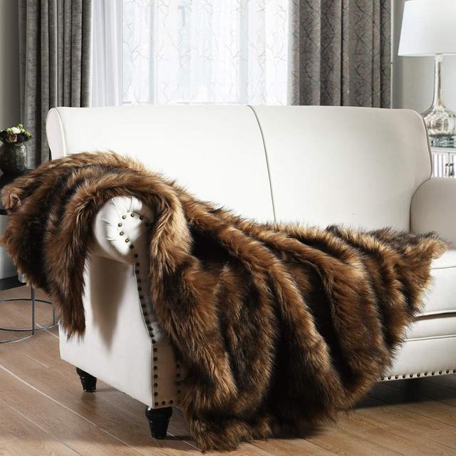 HORIMOTE HOME Luxury Plush Faux Fur Throw Blanket, Long Pile Brown with Black Tipped Blanket, Super Warm, Fuzzy, Elegant, Fluffy Decoration Blanket Scarf for Sofa, Armchair, Couch and Bed, 50''x 60''