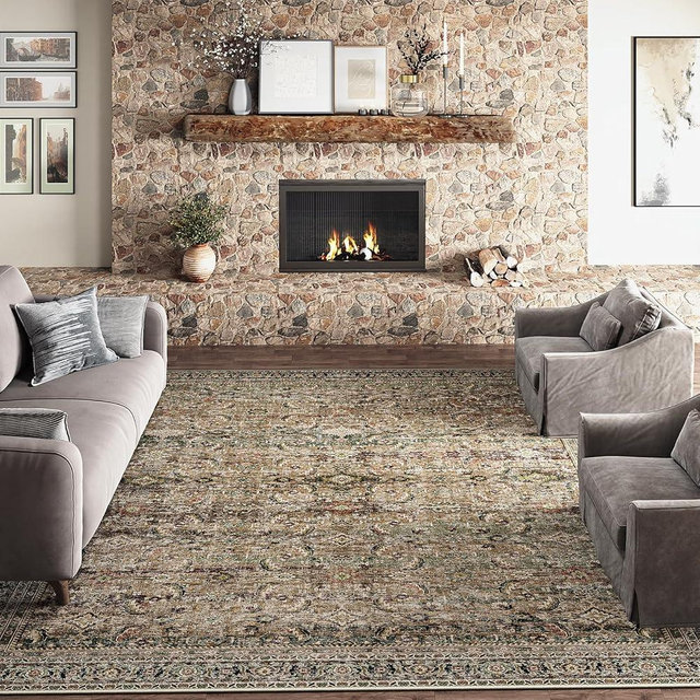 WondRg 9x12 Washable Area Rug Brown Vintage Distressed Living Room Bedroom Large Throw Rug Non Slip Low Pile Soft Accent Indoor Floor Carpet for Dining Room Office Entryway Kitchen
