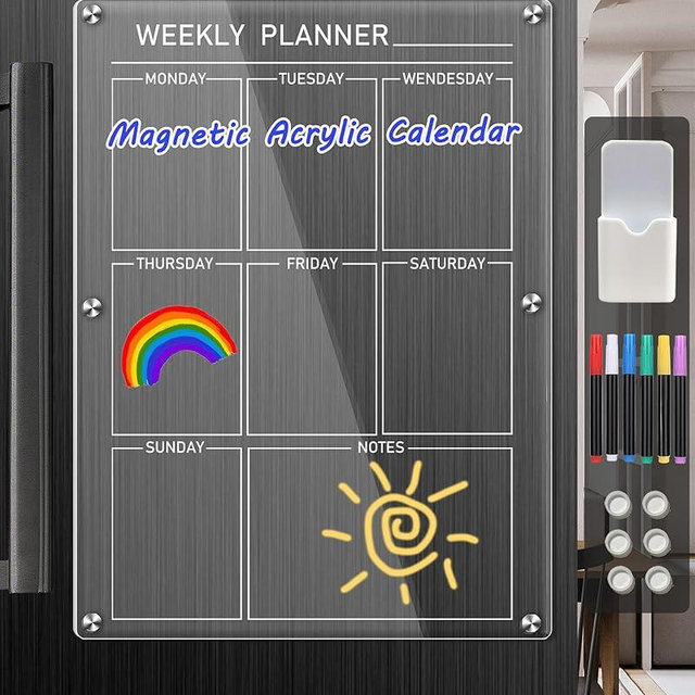 Clear Magnetic Acrylic Calendar for Fridge, bamandan Reusable Magnetic Fridge Calendar Dry Erase Board, 12x16 Inches Weekly Menu Board for Kitchen Fridge Includes 6 Colors Markers