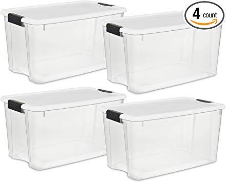 STERILITE 70 Quart/66 Liter Ultra Latch Box, Clear with a White Lid and Black Latches,