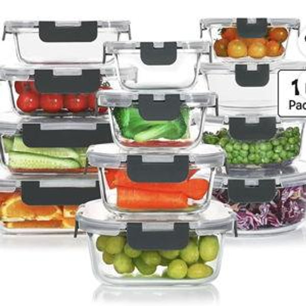 Color- Gray KOMUEE 24 Pieces Glass Food Storage Containers Set,Meal Prep Containers-Stackable Airtight Glass Storage Containers with lids,Freezer, Microwave, Oven Safe,Gray