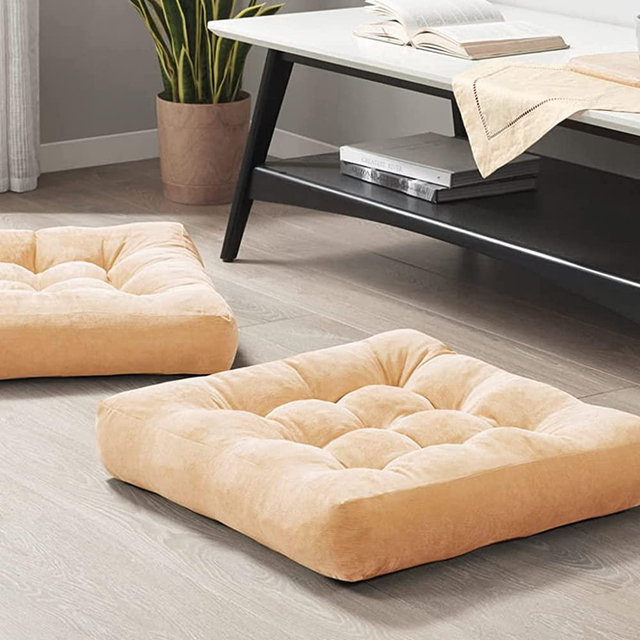 Meditation Floor Pillow Set of 2, Square Large Pillows Seating for Adults, Tufted Corduroy Floor Cushion for Balcony Outdoor Tatami Living Room, Beige, 22x22 Inch