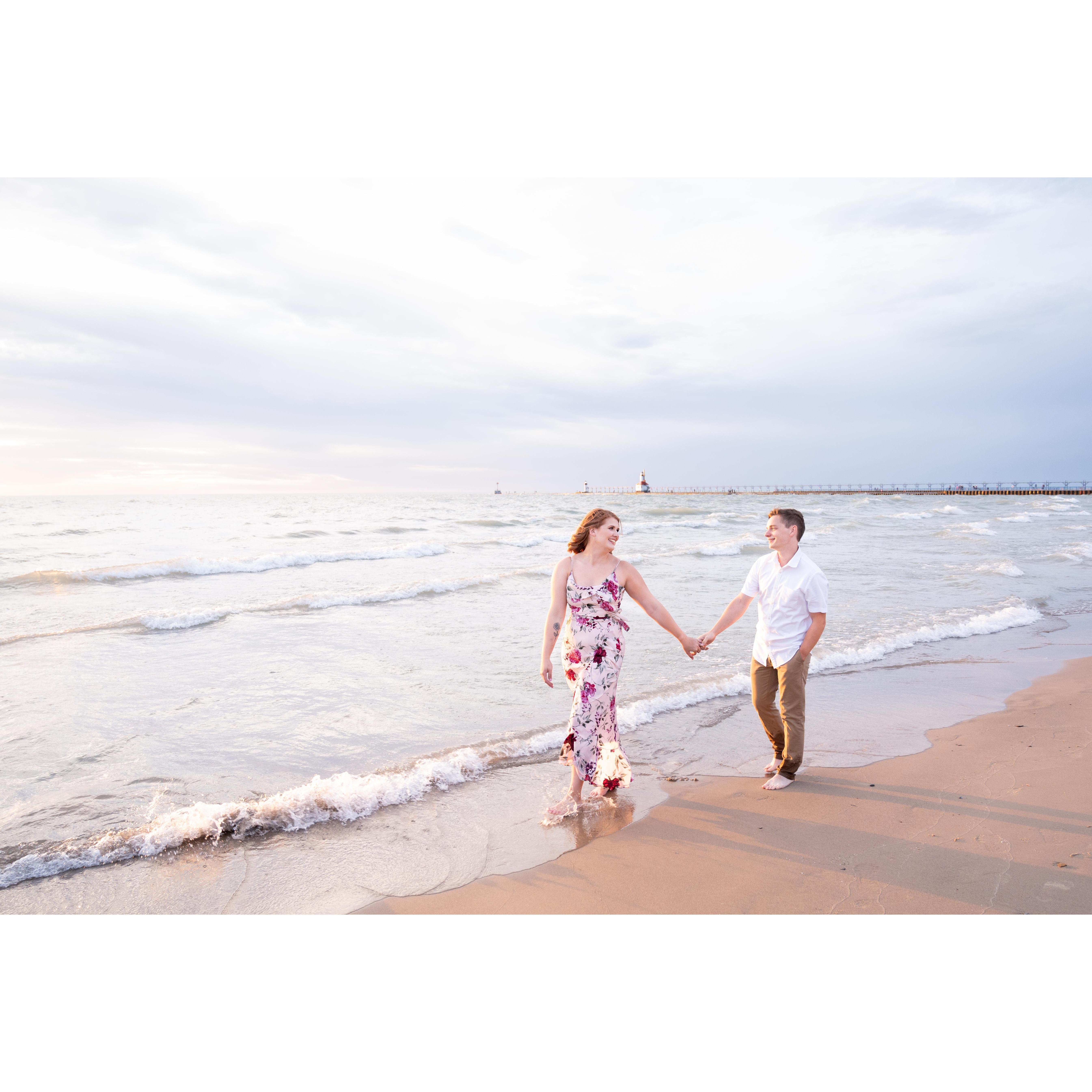Our engagement shoot, on the beach at St. Joseph, Michigan.