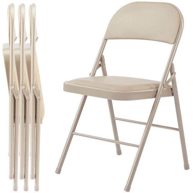 Sweetcrispy Folding Chair 4 Pack, Leather Padded Foldable Chairs, Sturdy Metal Portable Chairs, Easy to Use and Store, Outdoor and Indoor, for Home, Office, Party, Garden, Kahki
