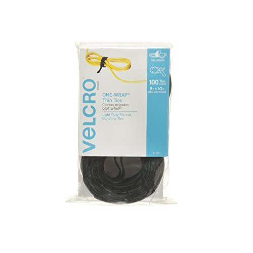 VELCRO Brand ONE-WRAP Cable Ties | 100Pk | 8 x 1/2" Black Cord Organization Straps | Thin Pre-Cut Design | Wire Management for Organizing Home, Office and Data Centers
