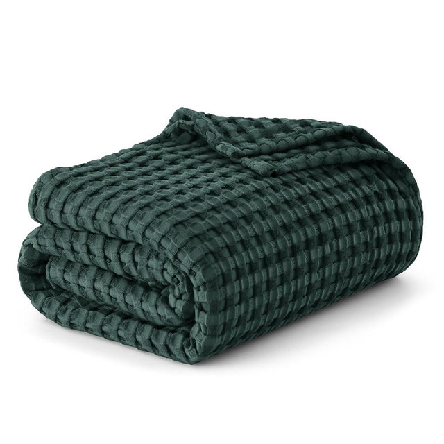 Bedsure Cooling Cotton Waffle King Size Blanket - Lightweight Breathable Blanket of Rayon Derived from Bamboo for Hot Sleepers, Luxury Throws for Bed, Couch and Sofa, Dark Green, 104x90 Inches