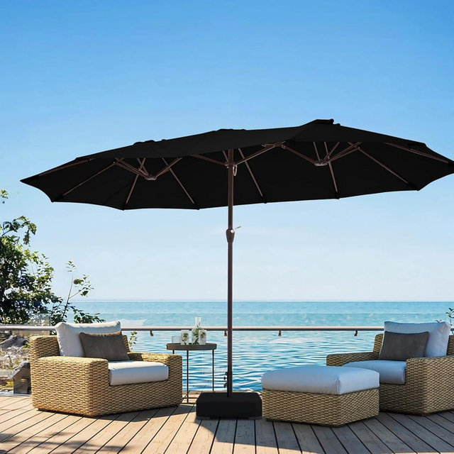 JEAREY 15ft Large Patio Umbrella with Base, Outdoor Rectangle Umbrella Double-Sided Market Umbrella with Stand for Pool, Deck, Backyard and Garden, Black