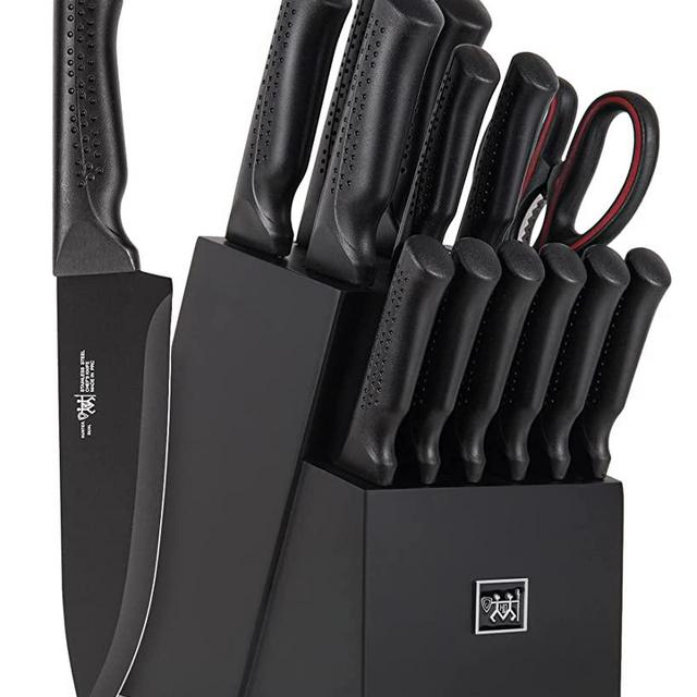 knife set, Dishwasher Safe Kitchen Knife Set with Block, 15 Pcs Black knife sets for kitchen with block Self Sharpening, 6 Steak Knives, Anti-slip handle, Black