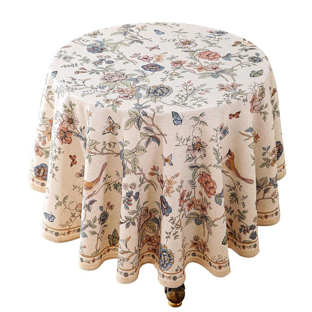 ISAENNE Designer French Light Beige Round Tablecloth,Linen Florals and Birds Pattern Table Cloth,Anti-Wrinkle Decorative Tablecloths for Dining Thanksgiving Kitchen,Diameter 67"-Cornucopia