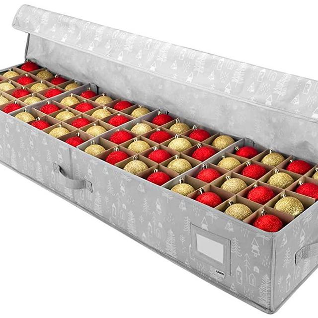 Large Christmas Ornament Storage Box-Storage Container Keeps 128 Holiday Ornaments and Xmas Accessories, Underbed Storage Organizer, 3-inch Compartment, Adjustable, Dual Zipper, Tear-Proof Material