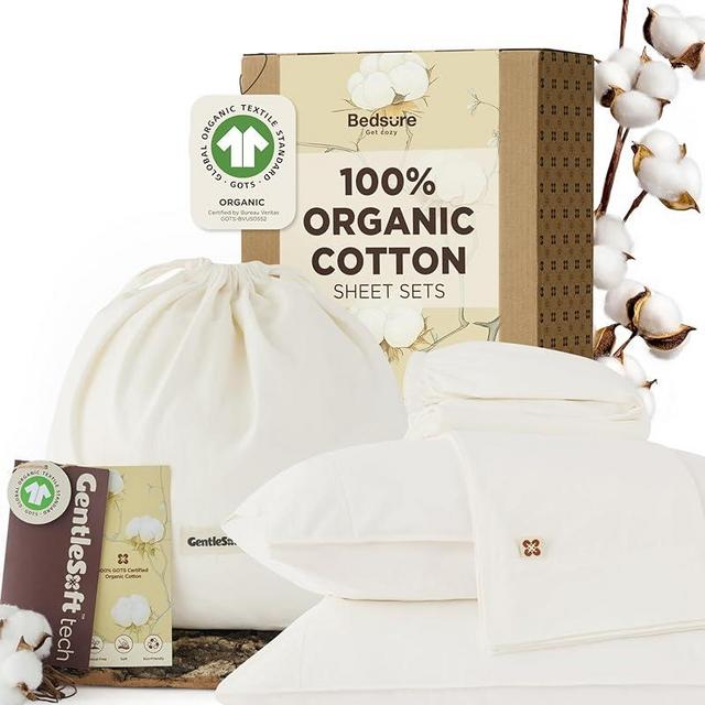 Bedsure 100% GOTS Organic Cotton Sheets, Fair Trade Certified King Bedding Set, Eco-Friendly, Soft, 17 inches Deep Pocket King Sheet, Sateen Weave Cotton Luxurious Hotel Bed Set, Ivory