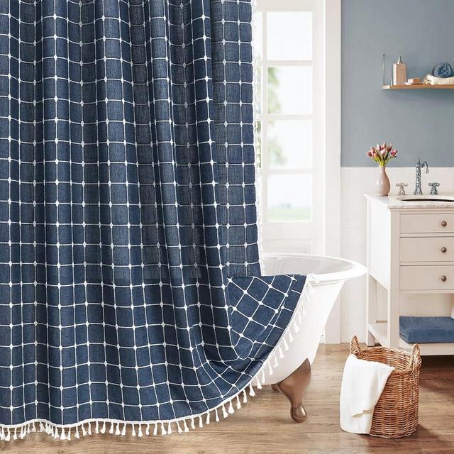 MitoVilla Navy Blue Boho Shower Curtains for Modern Farmhouse Bathroom Decor, Country Thick Cotton Linen Fabric Shower Curtain with Tassel, 72 x 72