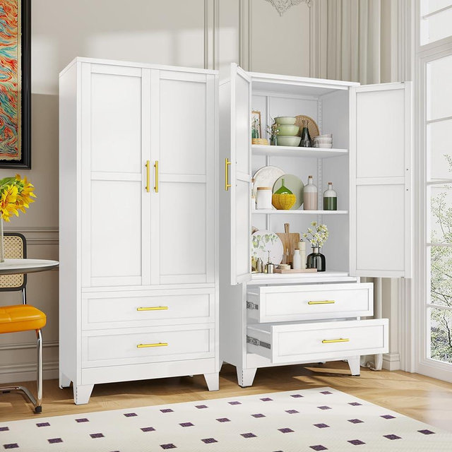 GAIOUS Steel Pantry Cabinet, 71" Metal Storage Cabinets with 2 Doors, 2 Adjustable Shelf and 2 Drawers, Freestanding Storage Cabinet for Bedroom, Kitchen, Home Office (White)