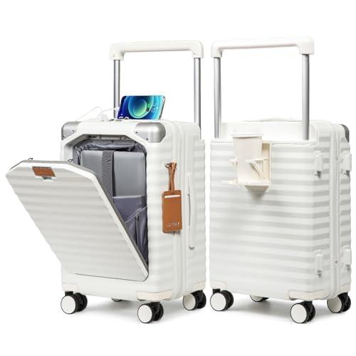 Joyway 20 Inch Carry on Luggage with Front Pocket, PC Hardshell Carry-on Suitcase with USB Port and Cup Holder, 21.5x14.2x9 Airline Approved, Luggage with Spinner Wheels and TSA Lock (White)
