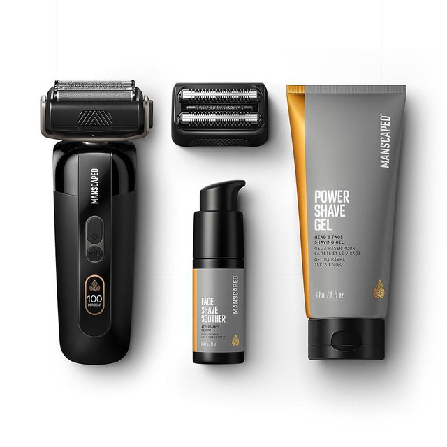 MANSCAPED® The Chairman™ PRO Package - Men’s Electric Face Shaver with Two Interchangeable Blades, SkinSafe® Four-Blade Foil & Stubble Trimmer, Power Shave Gel, Face Shave Soother Aftershave
