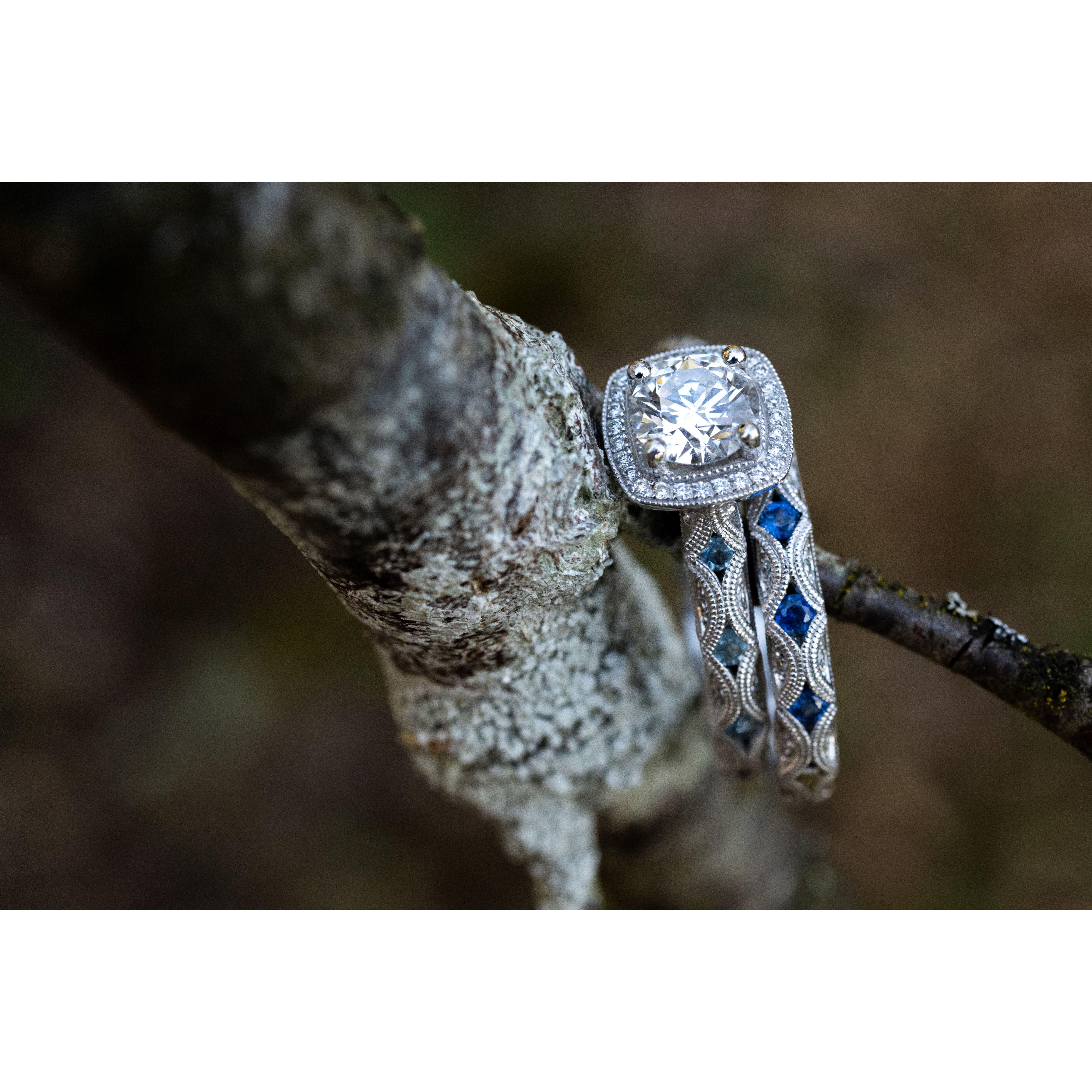 The engagement rings! Tiffany's ring is set with aquamarines (Jake's birthstone), while Jake's is set with sapphires (Tiffany's birthstone)