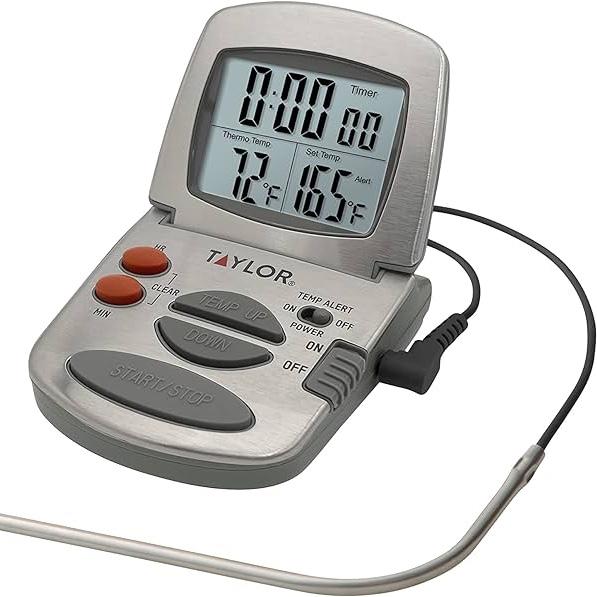 Taylor Programmable with Timer Instant Read Wired Probe Digital, Meat, Food, Grill BBQ Cooking Kitchen Thermometer, Stainless Steel
