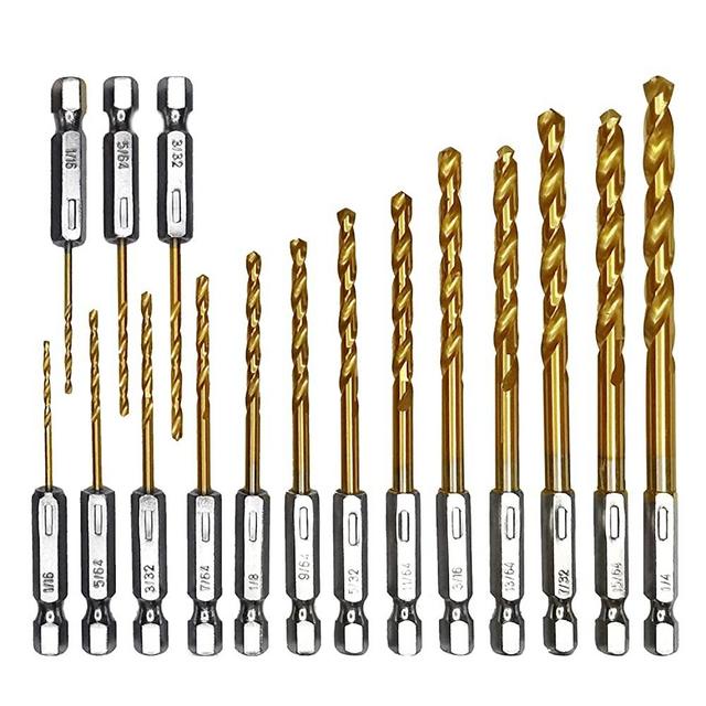 amoolo Hex Shank Drill Bit Set (13Pcs Set+3 Pcs Free), Premium 4341 HSS Titanium Impact Hex Drill Bits for Wood, Steel, Metal, Plastic, Quick Change Design (1/16”-1/4”)