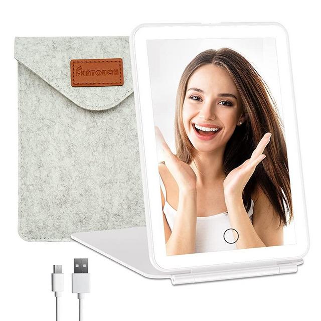 Rechargeable Travel Makeup Vanity Mirror with 72 LED Lights, FUNTOUCH Portable Lighted Makeup Beauty Mirror, 3 Lighting Modes, Dimmable Touch Screen, Tabletop Folding Cosmetic Mirror with Storage Bag