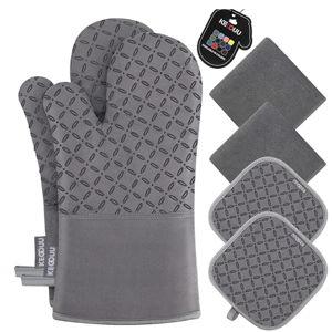 KEGOUU Oven Mitts and Pot Holders 6pcs Set, Kitchen Oven Glove High Heat Resistant 500 Degree Extra Long Oven Mitts and Potholder with Non-Slip Silicone Surface for Cooking (Grey)