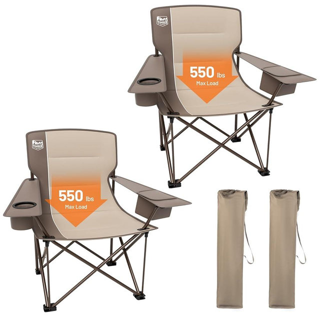 TIMBER RIDGE Oversized Folding Camping Chair for Adults, Support 550 LBS Heavy Duty with Cup Holder Side Pocket for Camp, Lawn, Picnic, Tan, 2 Pack