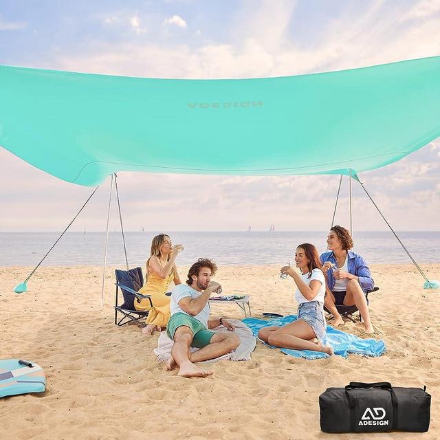 ADesign Windproof Beach Tent Sun Shelter with 8 Sandbags, 10 x 10 ft Wind Resistance Family Beach Canopy with Sand Shovel, UPF50+, Easy Setup Sun Shade for Beach Vacation