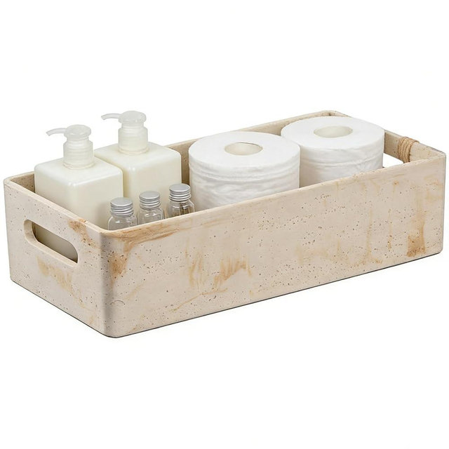 Beige Natural Travertine Textures Roll Toilet Paper Storage Basket with Handle for Bathroom Countertop, Toilet Tank Top Decorative Storage Bin, Resin Small Shelf Basket for Organizing, Heavy & Sturdy