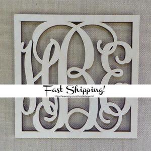 Wooden Monogram - Unpainted Wood Letters - Monogram Decor - Vine Monogram in Connected Square Frame