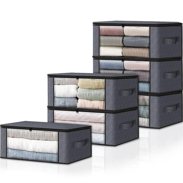 HomeHacks 6-Pack Clothes Organizer Storage Bags Foldable Storage Box with Large Clear Window Sturdy Handles for Closet, Dorm, Pillows, Bedding, Clothes, Stuffed Toys, Blankets, 35L, Grey
