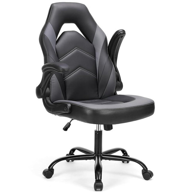DUMOS Gaming Ergonomic Office Chair for Adults, Height Adjustable Computer Desk Chair with Flip-up Armrests, PU Leather Swivel Video Game Chair with 360° Rolling Wheels, Grey