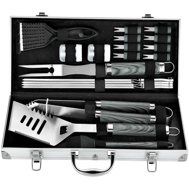 ROMANTICIST 20pc Heavy Duty BBQ Grill Tool Set in Case - The Very Best Grill Gift for Father's Day and Christmas - Professional BBQ Accessories Set for Outdoor Cooking Camping Grilling Smoking, Grey