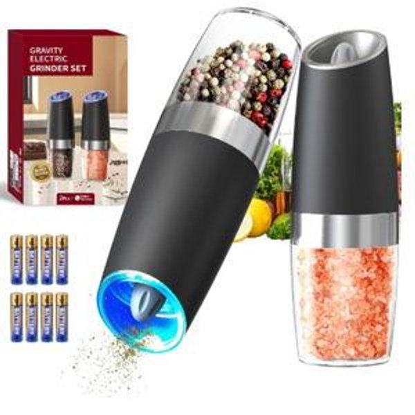 CIRCLE JOY Gravity Electric Salt and Pepper Grinder Set Automatic Salt and Pepper Grinder Set with LED Light, Battery Operated, Adjustable Coarseness, Large Capacity, for Home Kitchen BBQ, Black