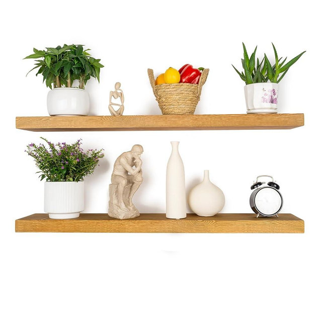 BGMG Wood Floating Shelves for Wall 36 inch Set of 2,Rustic Wooden Wall Mount Shelves for Bathroom Living Room Bedroom Kitchen Farmhouse-36x 6.7 x1.25 inch- Gold Oak