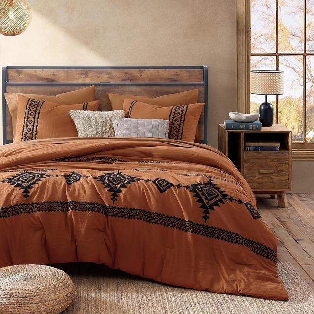 MAIREVE Burnt Orange Comforters Queen Size - 7 Piece, Farmhouse Western Bedding Queen Size, All Season Bed in A Bag Queen, Embroidery Queen Comforter Set with Sheets, Pillowcases & Shams