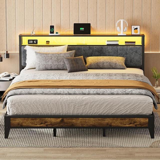 OLEVS King Bed Frame with Headboard, Metal Platform Bed King Size with 2-Tier Storage, LED Light & Charging Station Type C, No Box Spring Needed, Easy Assembly