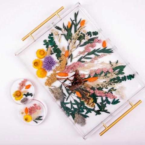 12x16 Pressed Flower Serving Tray with Raised Edge - Gold / Gold Flake / No