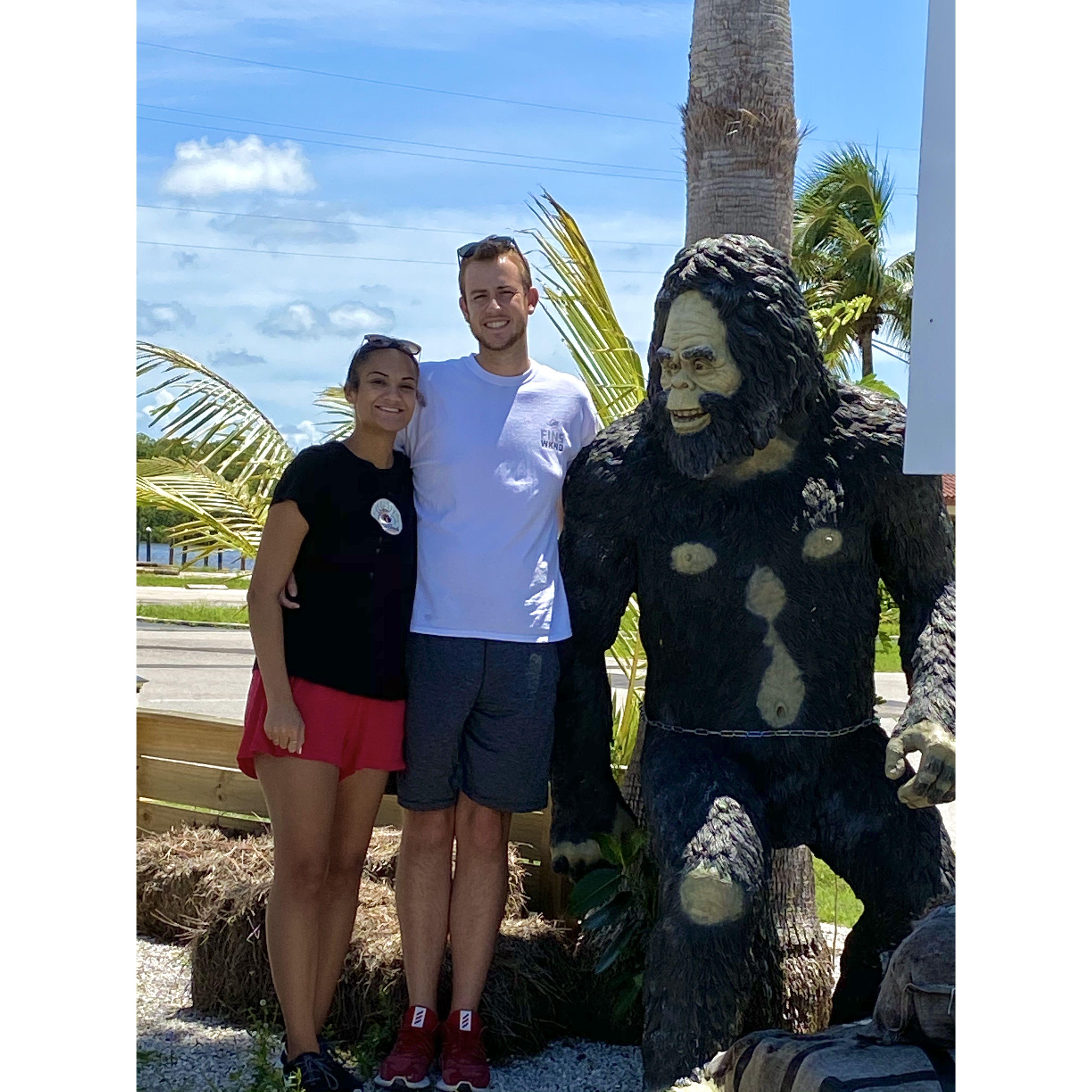 Our very first photo together. My mom suggested we stand next to Big Foot to see if Daniel was taller or not. I can confirm Big Foot is shorter than 6'8.